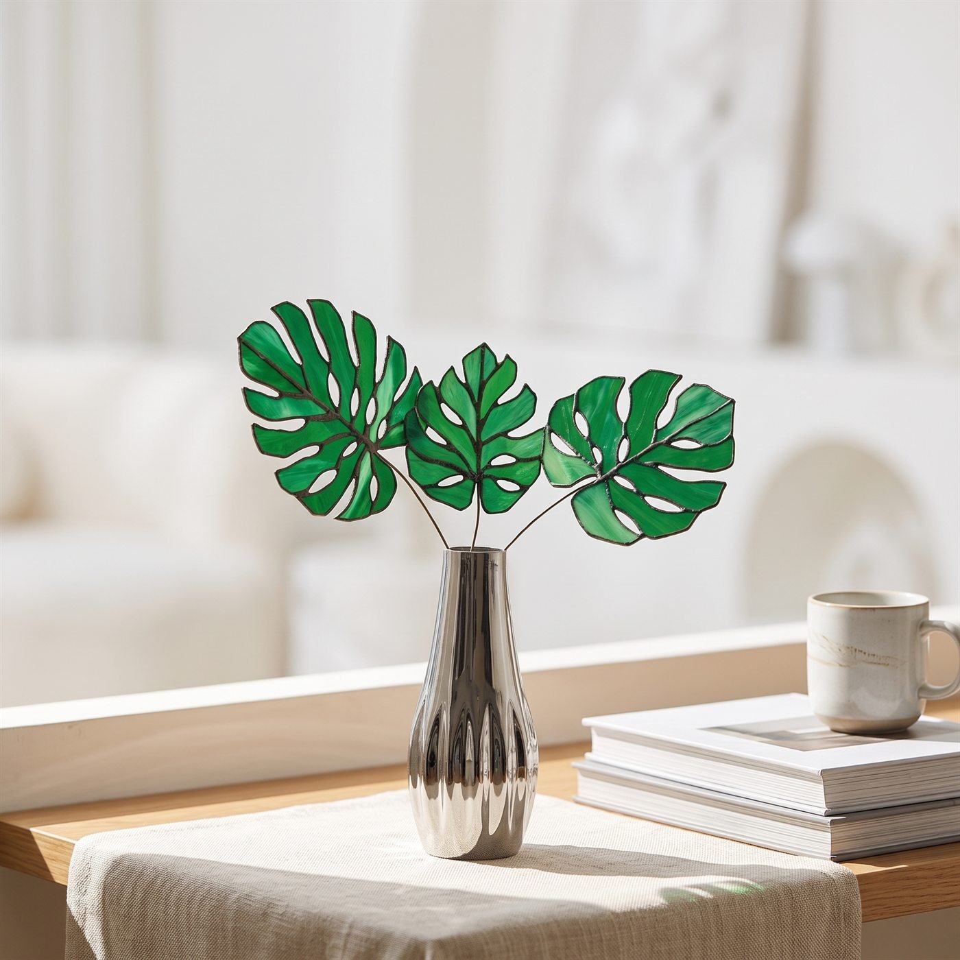 Lifestyle – Stained-glass monstera leaves · silver vase